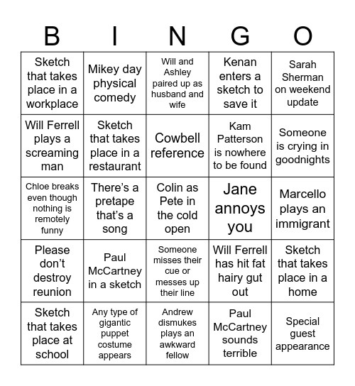 SNL SEASON FINALE Bingo Card