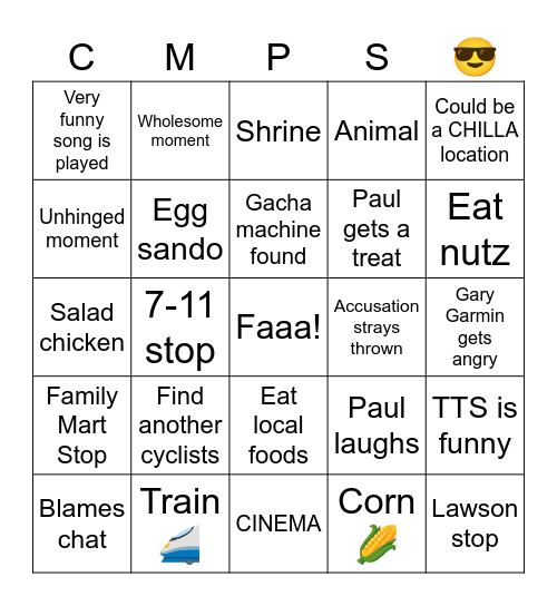 Chunky Chiba Chestnut: Day 1 Bingo Card