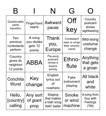 The Eurovision Song Contest Bingo Card