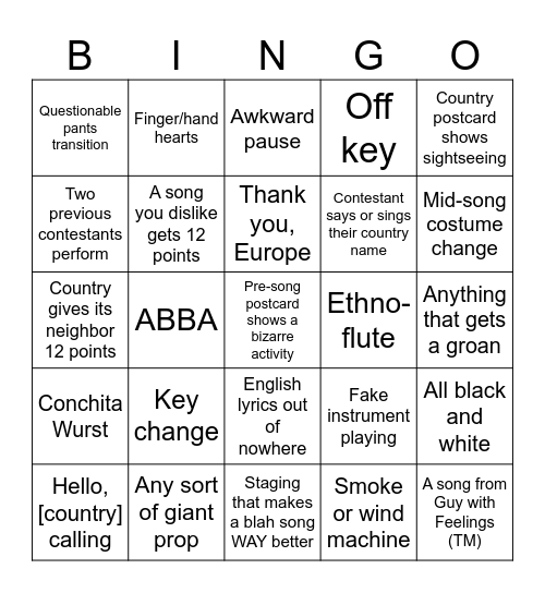The Eurovision Song Contest Bingo Card