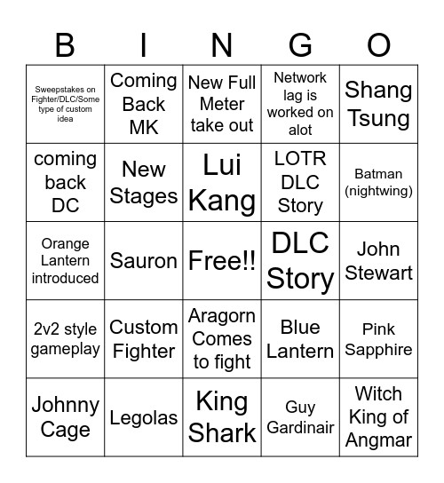Injustice 3 Bingo Card
