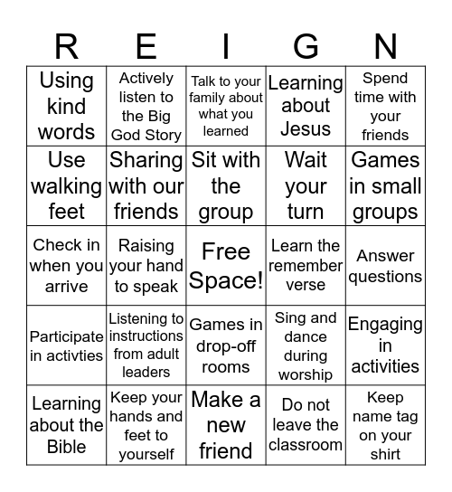 Elementary REIGNing Rules Bingo Card