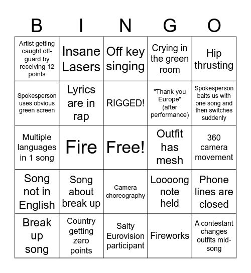 Eurovision @ Pika House Bingo Card