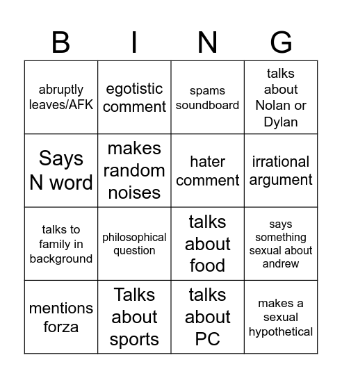 Nate board Bingo Card