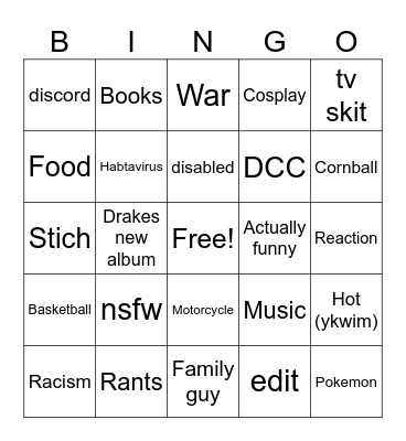Youtube Bingo Card