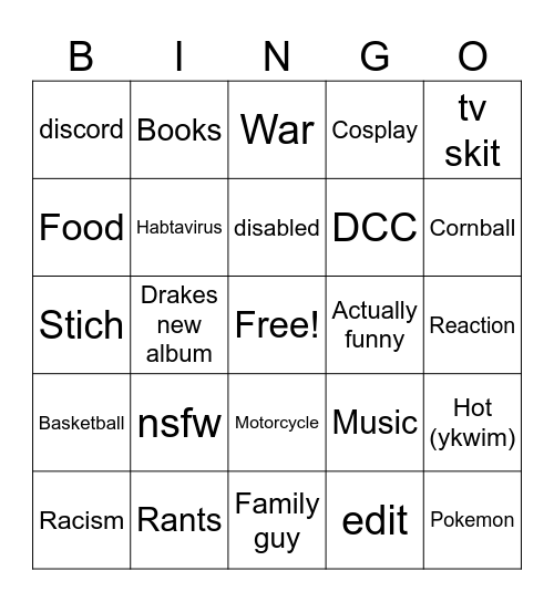 Youtube Bingo Card