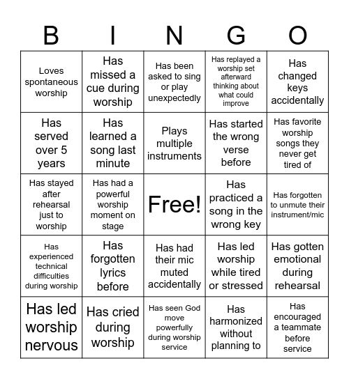 Worship Team Bingo Card