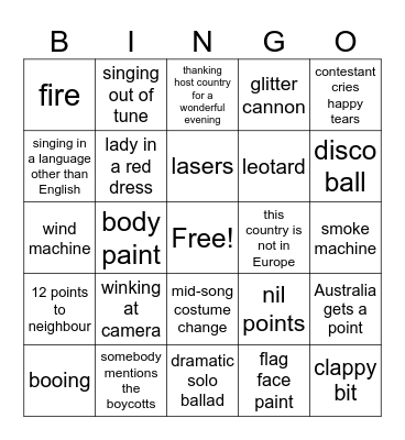 Eurovision Song Contest 2026 Bingo Card