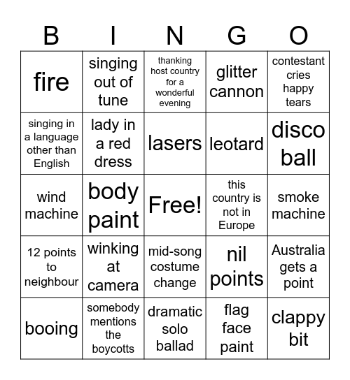Eurovision Song Contest 2026 Bingo Card