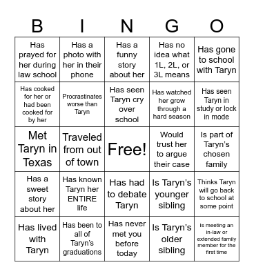 Taryn's Grad Bingo Card