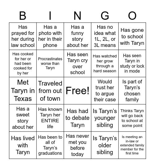 Taryn's Grad Bingo Card