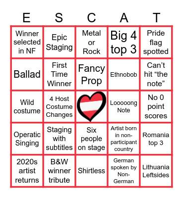 Eurovision 2026 Watch Party Bingo Card