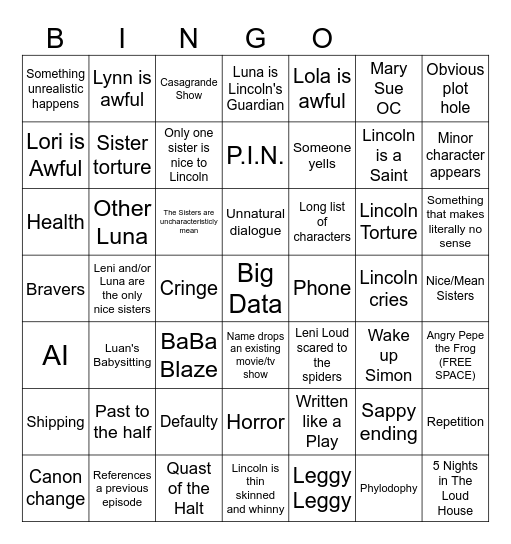 Loud House Fanic Bingo Card