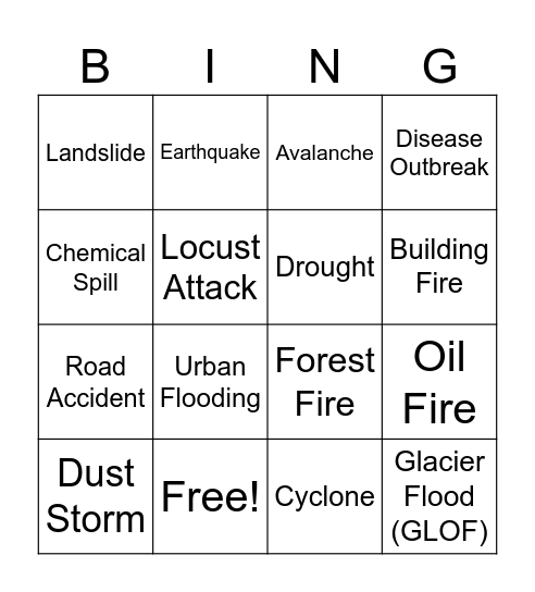 Disaster Bingo Card