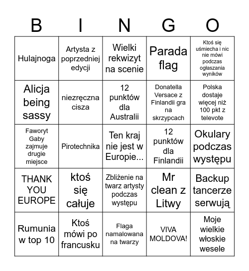 eurowizja Bingo Card