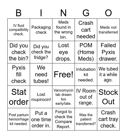 Pharmacy Phrases Bingo Card