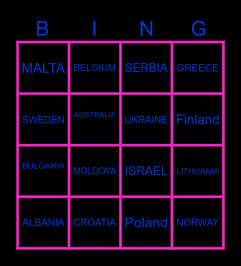 EUROVISION BINGO Card