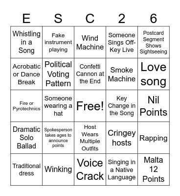 Eurovision Bingo Card