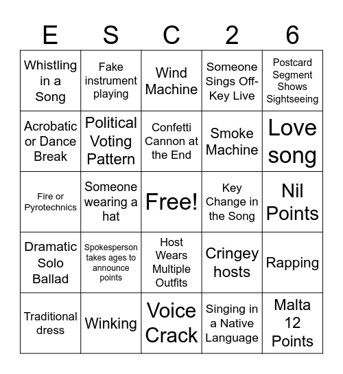 Eurovision Bingo Card