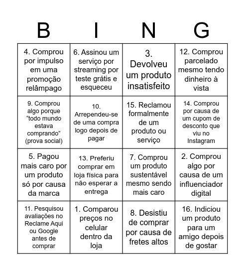 Comportamento do Consumidor Bingo Card