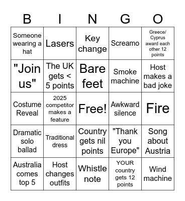 Eurovision 2026 Bingo Card