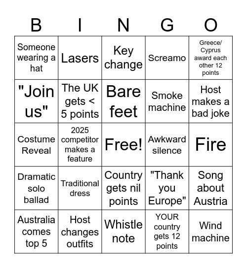Eurovision 2026 Bingo Card