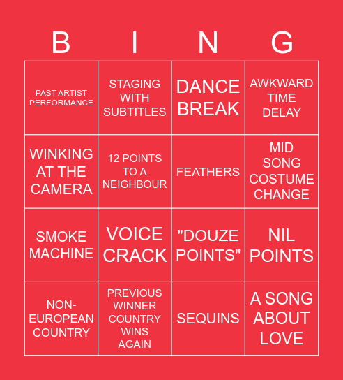 Eurovision Drunk Bingo - Vienna 2026! Bingo Card