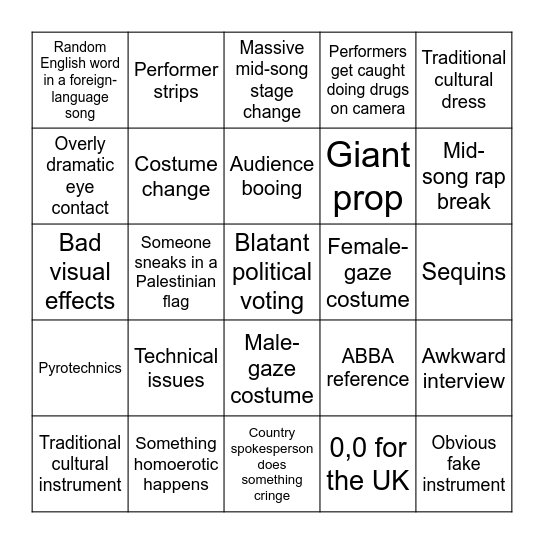 Eurovision 26 Bingo Card