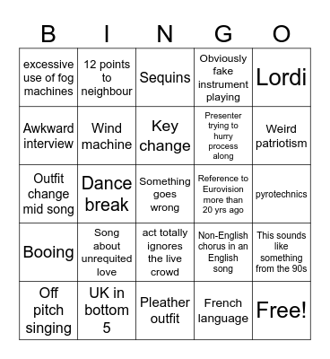 Eurovision Bingo '26 Bingo Card