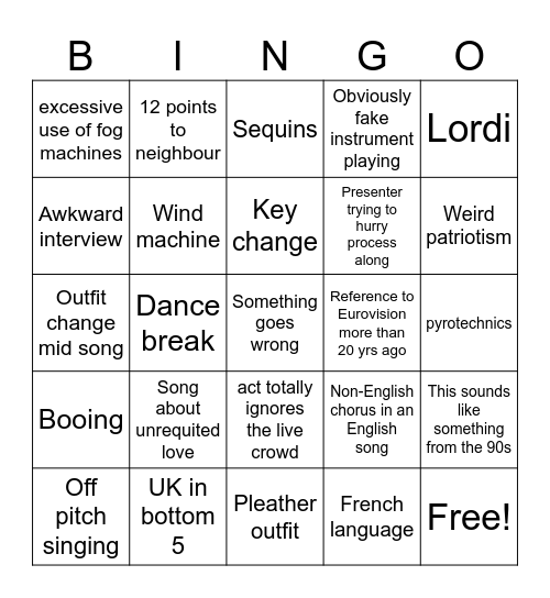 Eurovision Bingo '26 Bingo Card