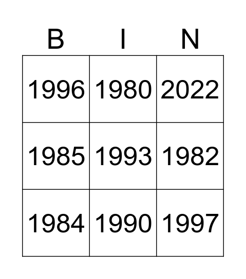 MrMalby Intro Over the Years Bingo Card