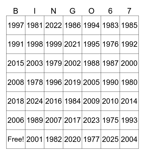 MrMalby Intro Over the Years Bingo Card