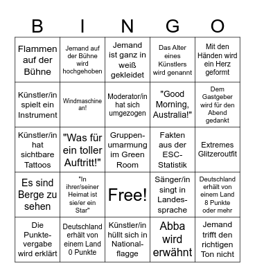 Eurovision 2026 Bingo Card
