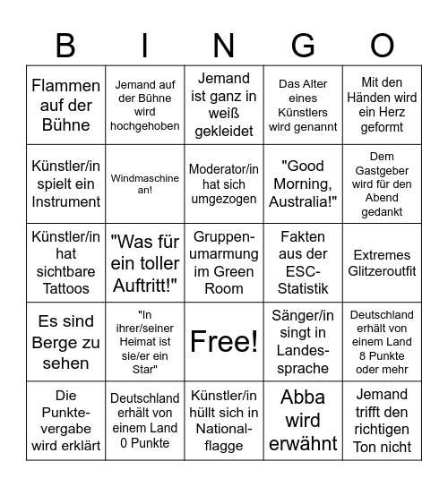 Eurovision 2026 Bingo Card