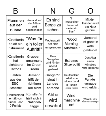 Eurovision 2026 Bingo Card