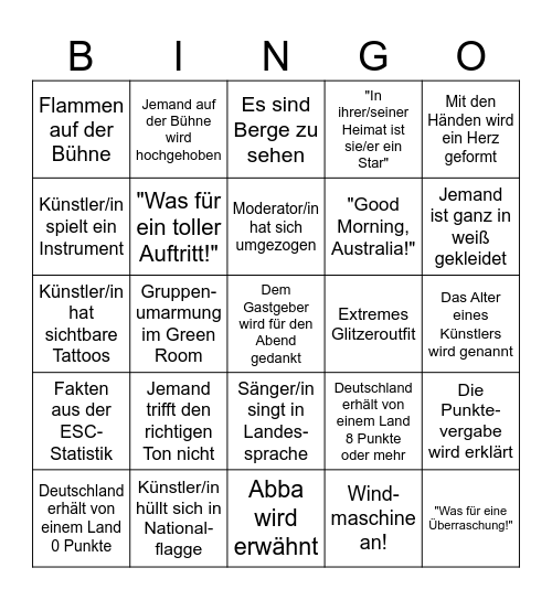 Eurovision 2026 Bingo Card