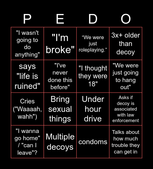 Chris Hansen "Takedown" Bingo Card