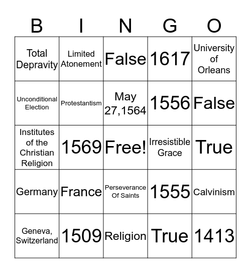 John Calvin Bingo Card