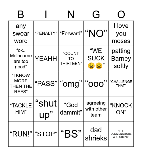 Dad Footy Eels Bingo Card
