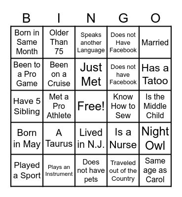 FIND A FRIEND Bingo Card