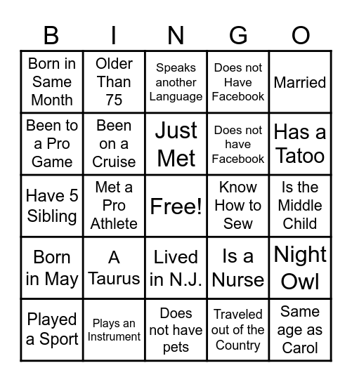 FIND A FRIEND Bingo Card