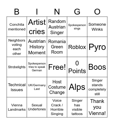 Eurovision 2026 Bingo Card