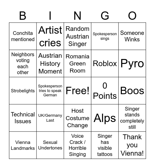 Eurovision 2026 Bingo Card