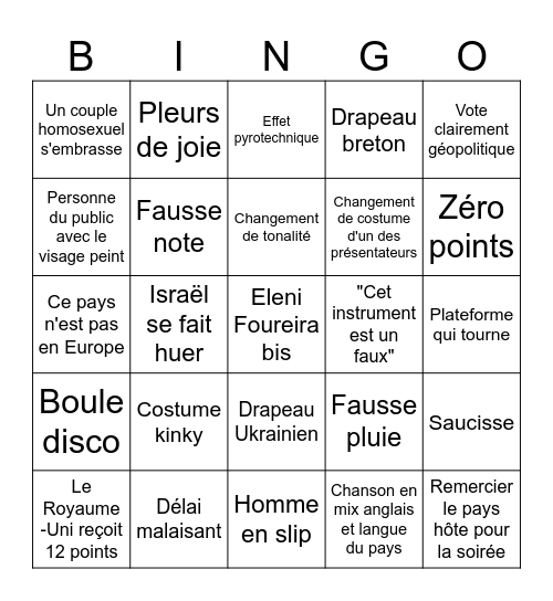 Eurovision 2026 Bingo Card