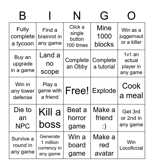 The Roblox Bingo! Bingo Card