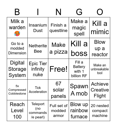 Modded Minecraft Bingo Card