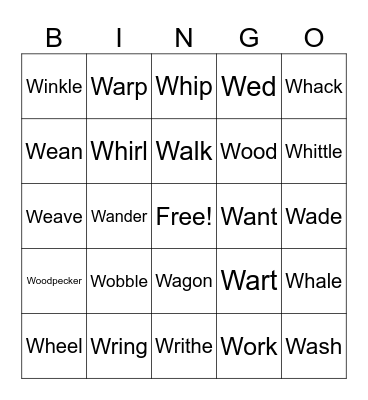 Action Verbs Start With W Bingo Card
