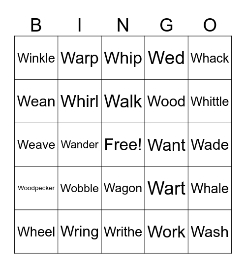 Action Verbs Start With W Bingo Card