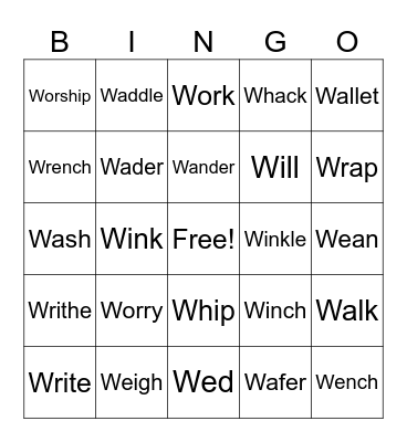 Action Verbs Start With W Bingo Card