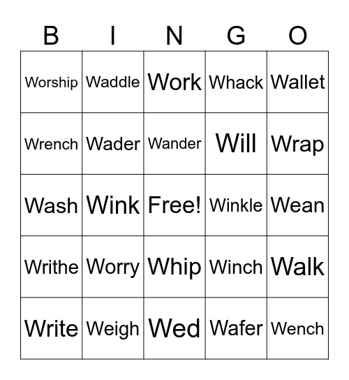 Action Verbs Start With W Bingo Card